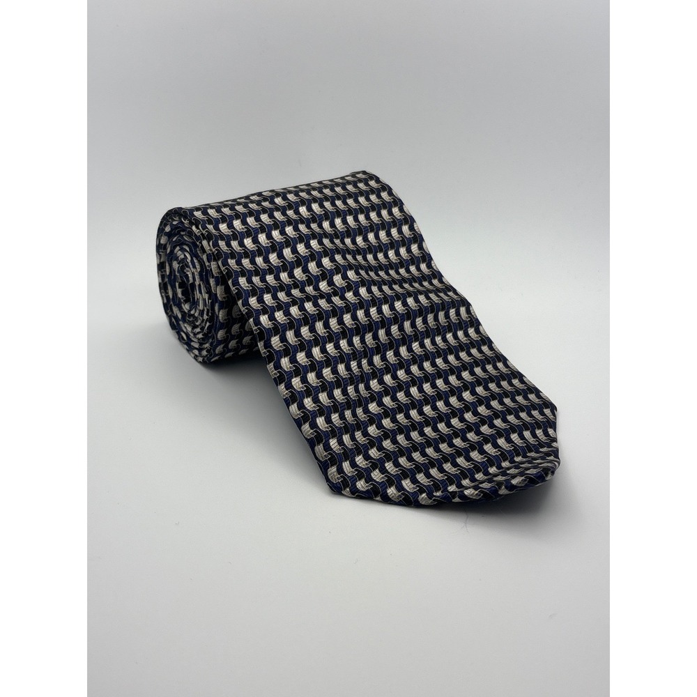 Di Capri Mens Silk Tie Navy Blue Silver Geometric Wavy Pattern Hand Made 4 Inch